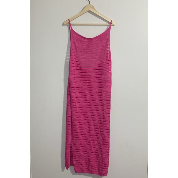 Crochet Knit Long Spaghetti Straps Fuchsia Pink Bathing Suit Coverup Size L/XL - Picture 1 of 15